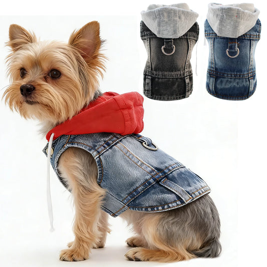Cool Denim Dog Jacket Vest – Hoodie Style with D-Ring Harness for Small & Medium Dogs & Cats, Spring Walking Coat for Puppies.