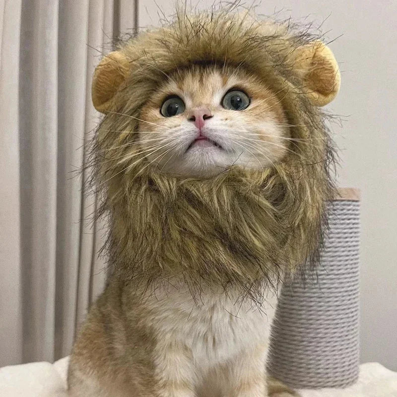 Lion Mane Pet Costume – Cute Cat Wig Hat with Ears, Funny Cosplay Outfit for Pets, Fancy Party Accessory Set.