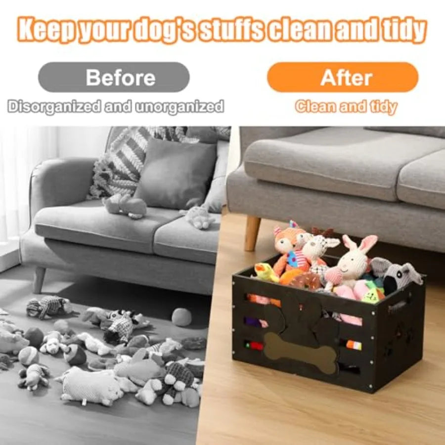 Large Wooden Dog Toy Storage Bin with Handles, Label Holder, and Paw Print Design