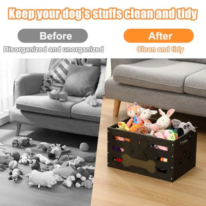 Large Wooden Dog Toy Storage Bin with Handles, Label Holder, and Paw Print Design