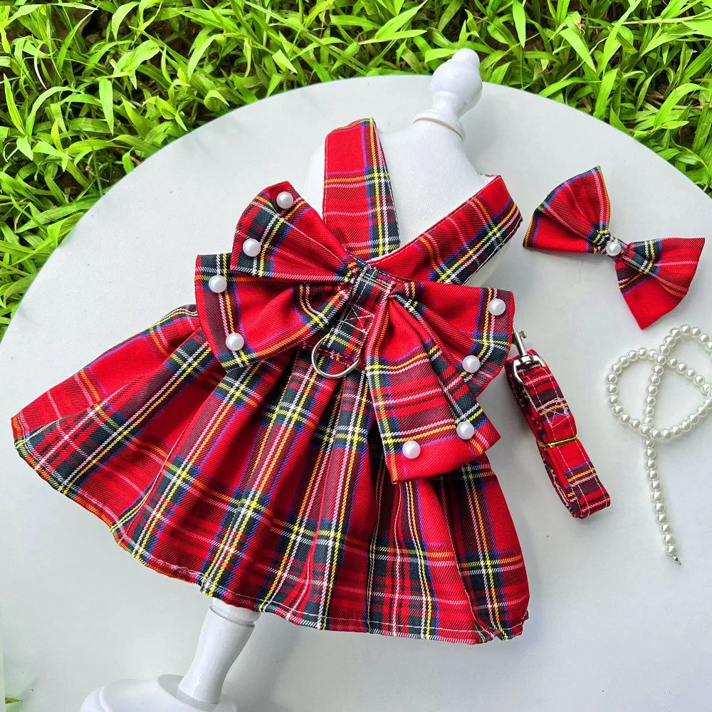 Princess Dog Dress with Bow & Pearl Belt – Cute Checkered Spring & Summer Outfit for Small Girl Dogs, Perfect for Birthdays & Special Occasions.