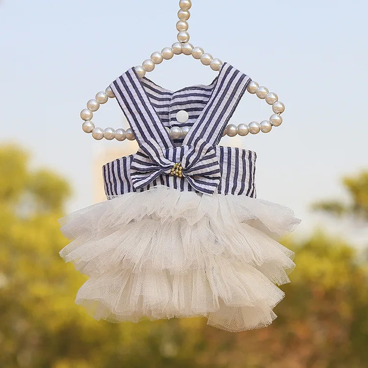 Summer Lace Dress – Cute Striped Princess Skirt Outfit for Dogs & Cats, Lightweight Puppy Fashion Apparel.