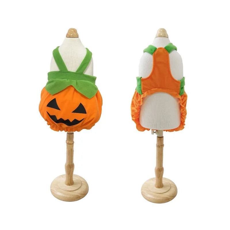 Adjustable Halloween Pumpkin Overall Costume – Washable Trick-or-Treat Outfit for Small Dogs & Cats.