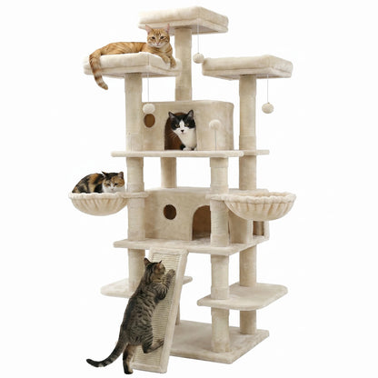 FOOWIN 173cm Multi-Level Cat Tree Tower – Indoor Activity Center with 2 Condos, 3 Plush Perches & Scratching Posts for Kittens & Cats.