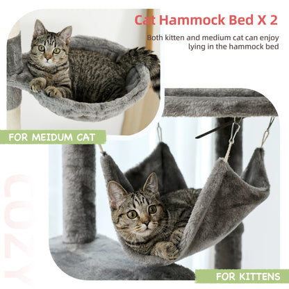 Adjustable Floor-to-Ceiling Cat Tree Tower (236–258cm) – Indoor Cat Condo with Natural Scratching Posts, Acrylic Perch, Hammock Beds & Cozy Cave.