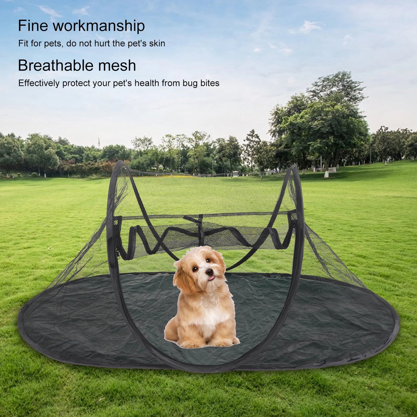 Portable Foldable Pet Enclosure Tent with Breathable Mesh for Outdoor Travel and Camping.