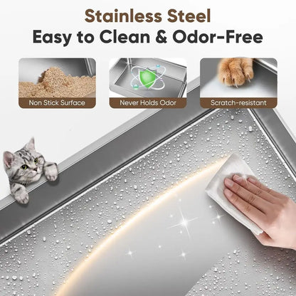 16" High-Sided Stainless Steel Litter Box with Lid – XL/XXL Extra Large Enclosed Metal Cat Litter Box for Big Cats & Kittens, Odor & Stain Resistant Design.