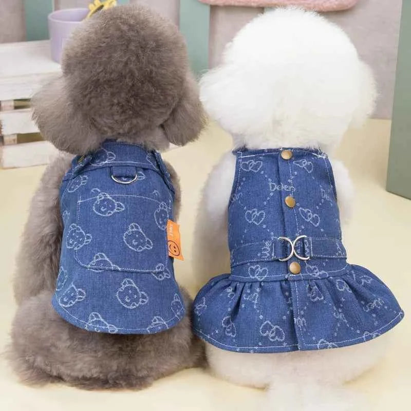 Small Dogs Clothes Designer Luxury Puppy Summer Clothes Girls Cat Dresses,Love Jeans Harness Vest Denim Dress One Piece S-XXL
