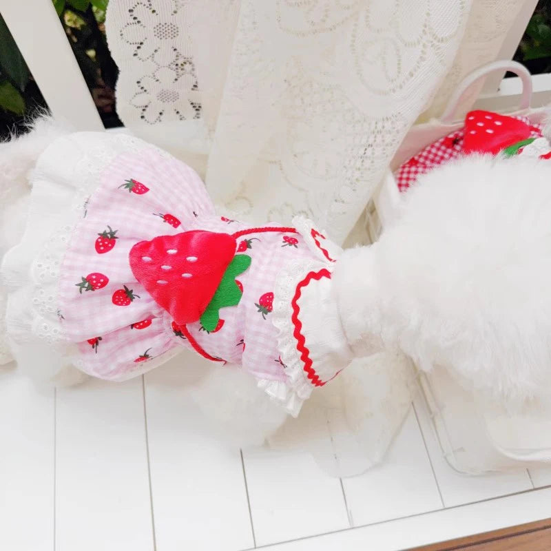 Strawberry Plaid Pet Dress – Cute Summer & Spring Outfit for Female Dogs, Puppies & Cats, Lightweight Clothing for Small & Medium Pets.