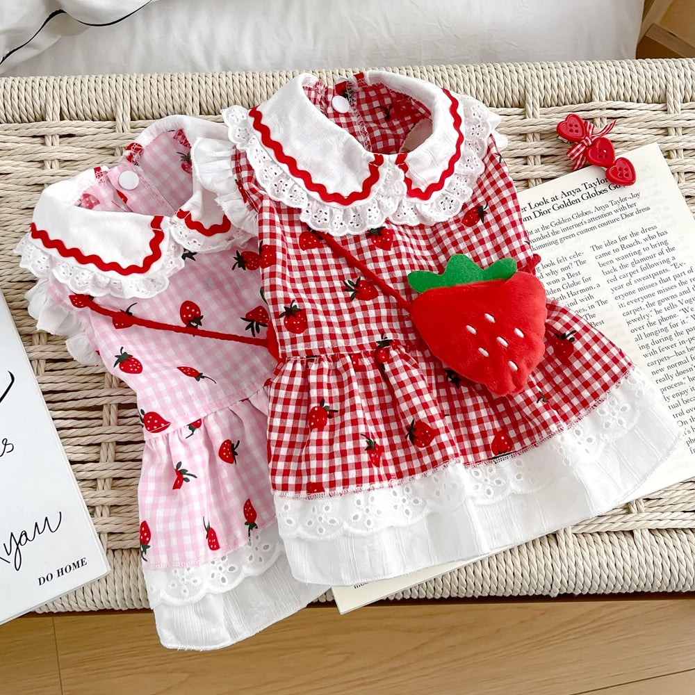 Strawberry Plaid Pet Dress – Cute Summer & Spring Outfit for Female Dogs, Puppies & Cats, Lightweight Clothing for Small & Medium Pets.