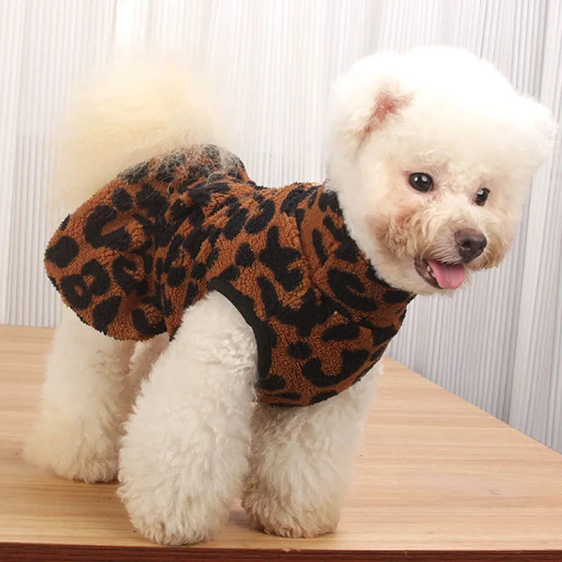Leopard Dog Dress Coat – Winter Fleece Pullover Hoodie Vest for Small Dogs, Sleeveless Puppy Sweatshirt with Skirt Design.