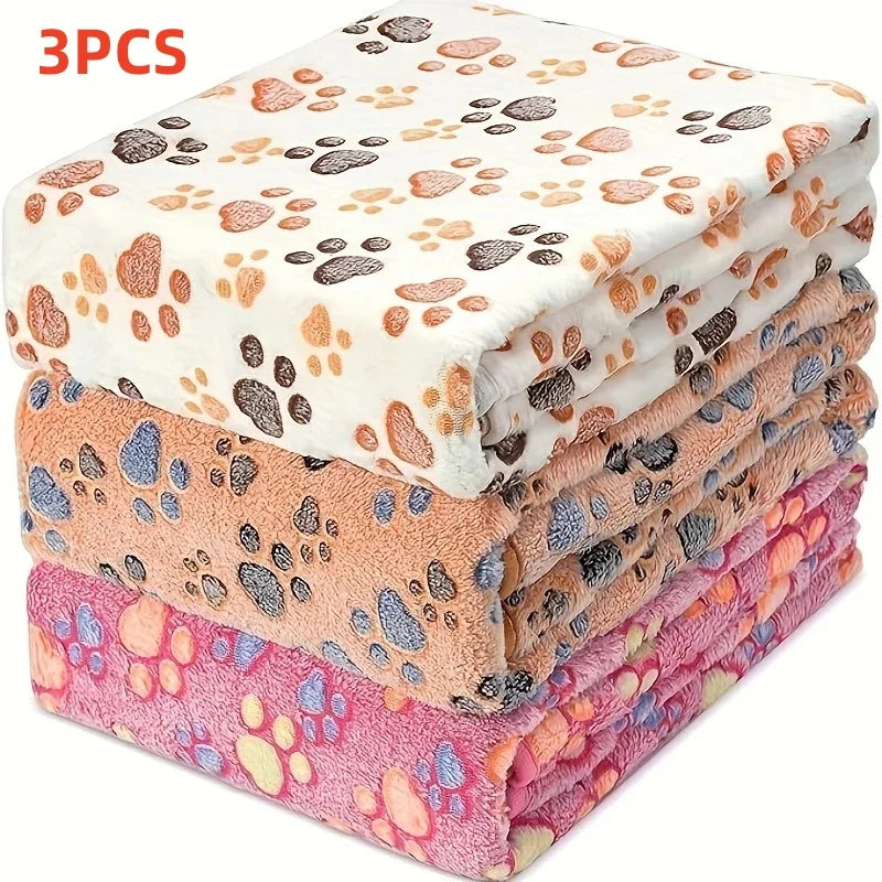3-Pack Soft Flannel Fleece Pet Blankets – Warm Paw Print Sleeping Mats for Cats & Dogs