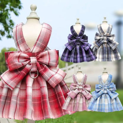 Reusable Plaid Pet Harness Dress – Adjustable Washable Dog Skirt with Leash Attachment, Lightweight Bowknot Design.