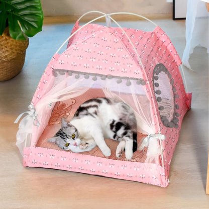 Floral Semi-Enclosed Pet Tent Bed for Cats and Small Dogs, Cozy All-Season Sleeping Nest.