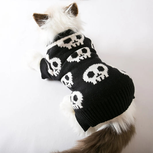 Halloween Pet Costume Skull Knitted Sweater Spring and Autumn Warmth for Cats and Dogs.