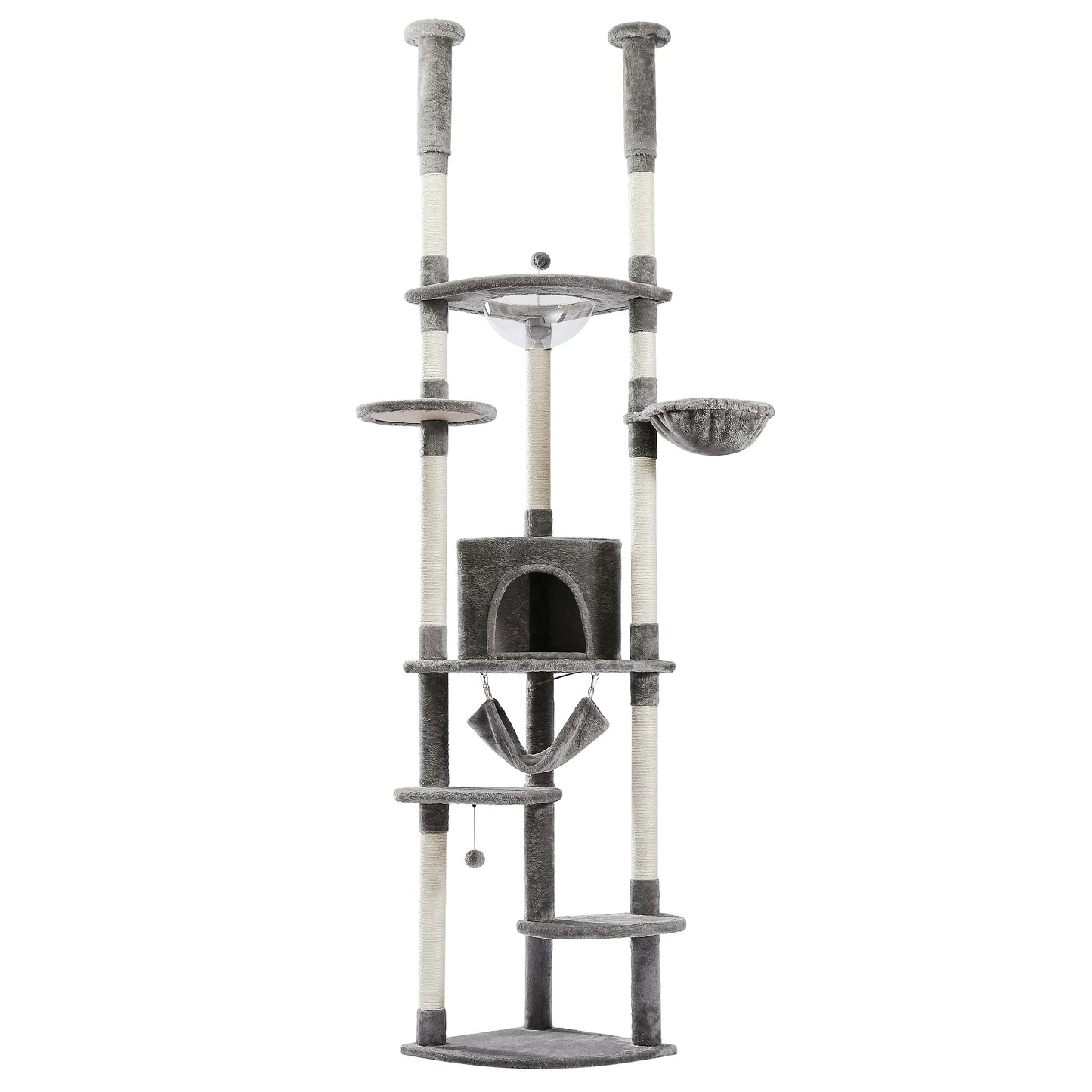 Adjustable Floor-to-Ceiling Cat Tree Tower (236–258cm) – Indoor Cat Condo with Natural Scratching Posts, Acrylic Perch, Hammock Beds & Cozy Cave.