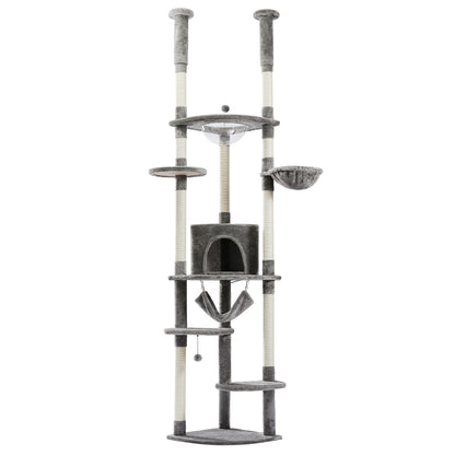 Adjustable Floor-to-Ceiling Cat Tree Tower (236–258cm) – Indoor Cat Condo with Natural Scratching Posts, Acrylic Perch, Hammock Beds & Cozy Cave.