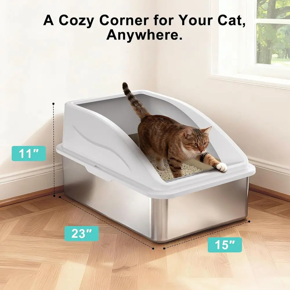 2-Pack Stainless Steel Litter Boxes – XL Enclosed Cat Litter Boxes with Lids for Large Cats & Multi-Cat Homes, High-Sided Anti-Urine-Leakage Design.