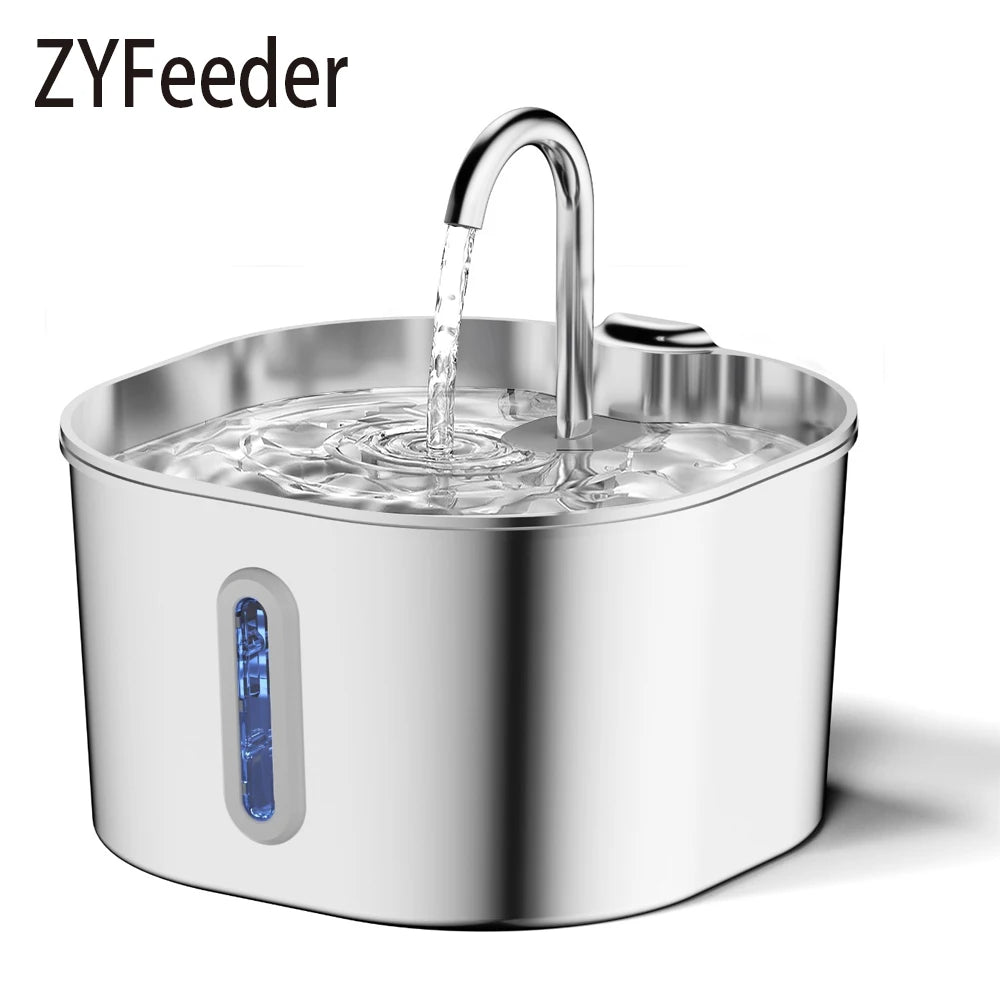 ZYFeeder 2.2L Automatic Cat Water Fountain – Stainless Steel Pet Water Dispenser for Cats & Dogs with Water Level Window (Adapter Not Included).