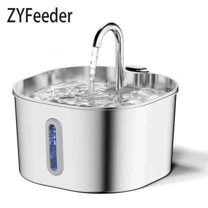 ZYFeeder 2.2L Automatic Cat Water Fountain – Stainless Steel Pet Water Dispenser for Cats & Dogs with Water Level Window (Adapter Not Included).