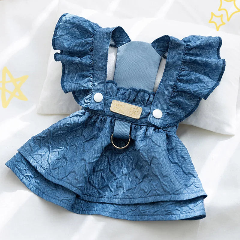 Denim Dog Dress – Blue Summer Outfit for Small Dogs & Cats, Clothing with Leash Ring & Flying Sleeves