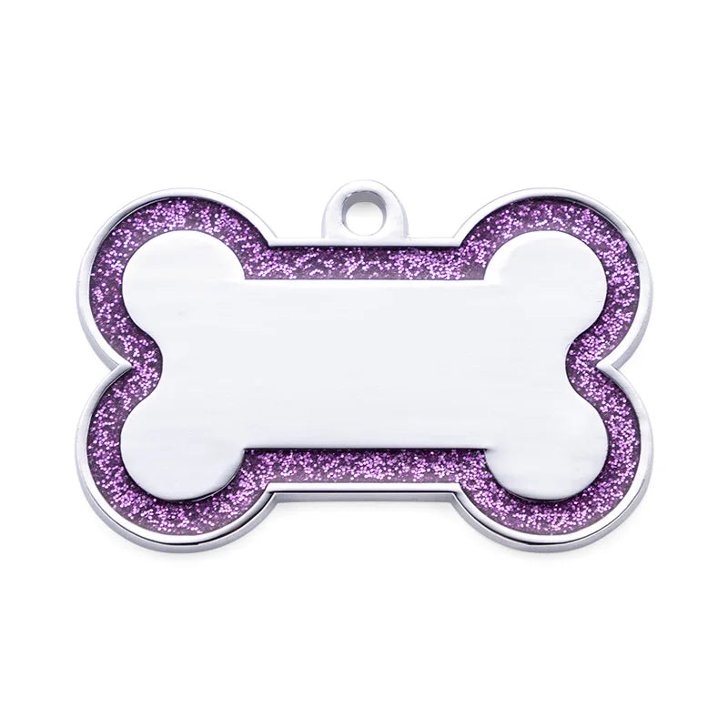 Custom Double-Sided Pet ID Tag – Glitter Name Pendant for Dogs, Anti-Lost Bone-Shaped Collar Accessory.