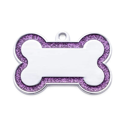 Custom Double-Sided Pet ID Tag – Glitter Name Pendant for Dogs, Anti-Lost Bone-Shaped Collar Accessory.
