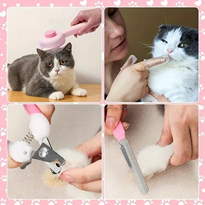 8-Piece Cat Grooming Kit – Self-Cleaning Brush Set with Nail Clippers, Files, Flea Comb & Bath Brush for Shedding Control & Pet Care.