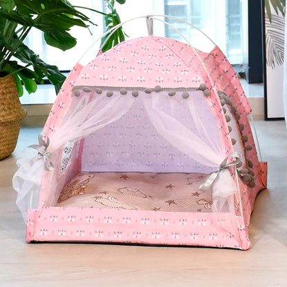 Floral Semi-Enclosed Pet Tent Bed for Cats and Small Dogs, Cozy All-Season Sleeping Nest.