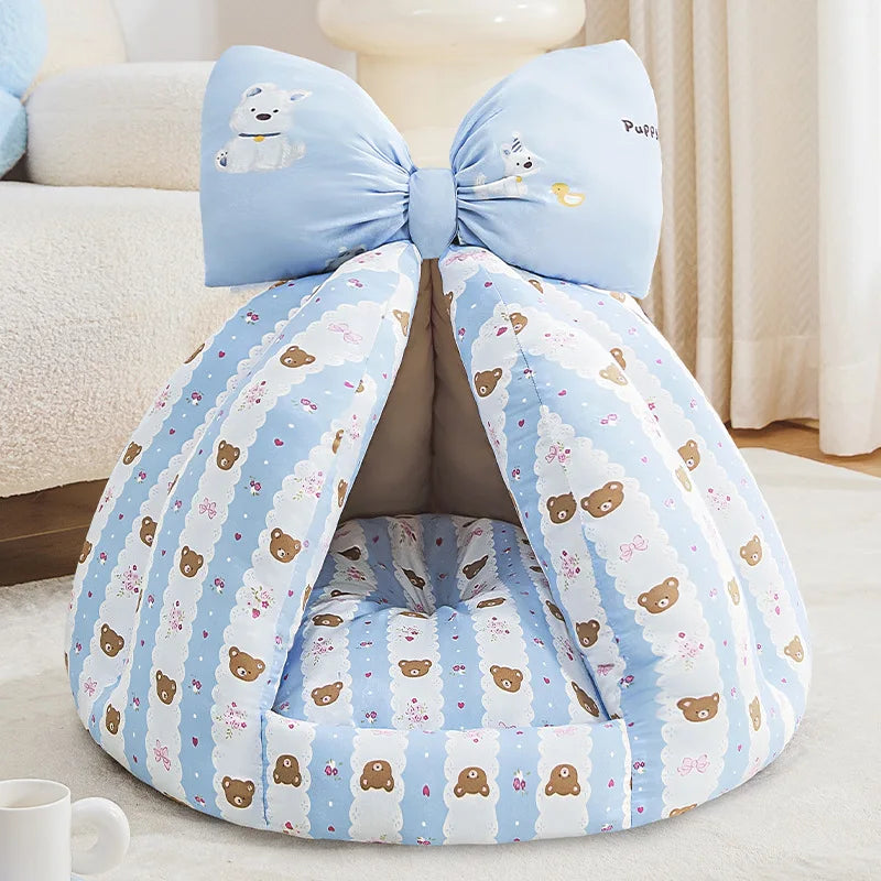 Small Dog Enclosed Bed Warm Cozy All Season House Soft Pet Bed for Dogs.