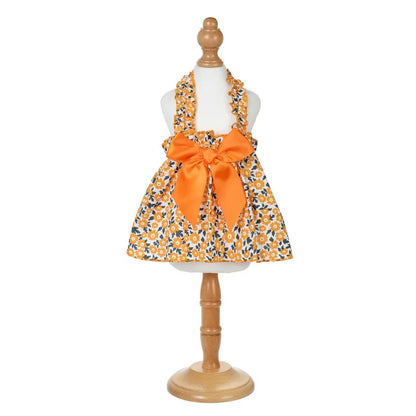 Breathable Cat Summer Dress – Orange Floral Skirt with Soft Bowtie & Elastic T-Shirt Design for Kittens and Small Pets.