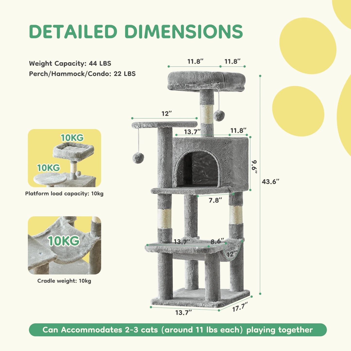 JHK 44" Cat Tree – Tall Multi-Level Climbing Tower with Sisal Scratching Posts & Stable Indoor Cat House Furniture.