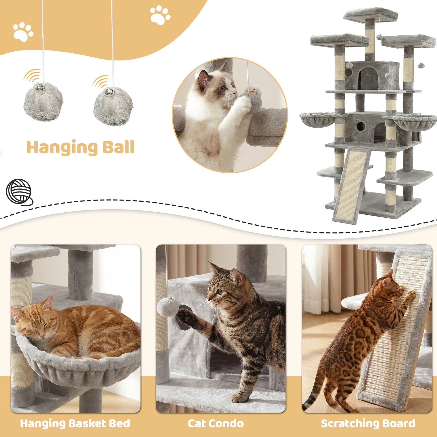 FOOWIN 173cm Multi-Level Cat Tree Tower – Indoor Activity Center with 2 Condos, 3 Plush Perches & Scratching Posts for Kittens & Cats.