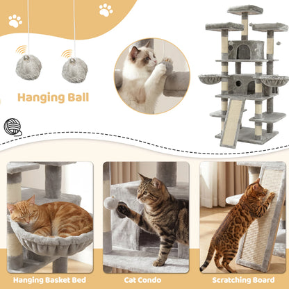 FOOWIN 173cm Multi-Level Cat Tree Tower – Indoor Activity Center with 2 Condos, 3 Plush Perches & Scratching Posts for Kittens & Cats.