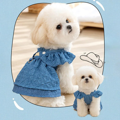 Denim Dog Dress – Blue Summer Outfit for Small Dogs & Cats, Clothing with Leash Ring & Flying Sleeves