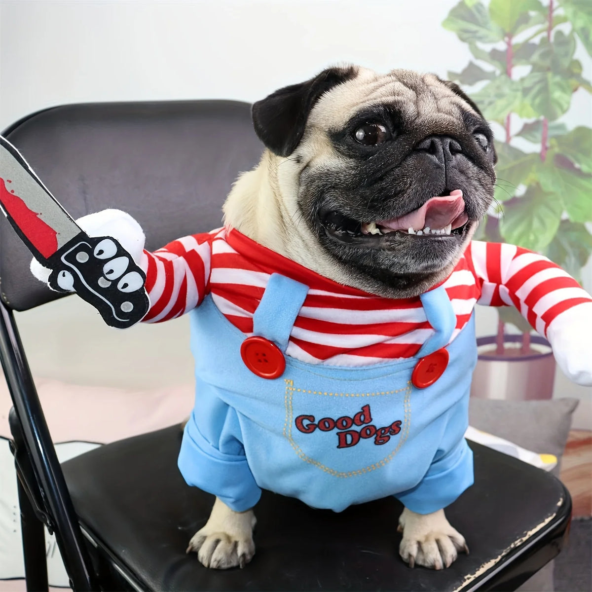 Halloween Bloody Doll Dog Costume with Wig & Knife – Funny Pet Outfit for Holiday Parties.