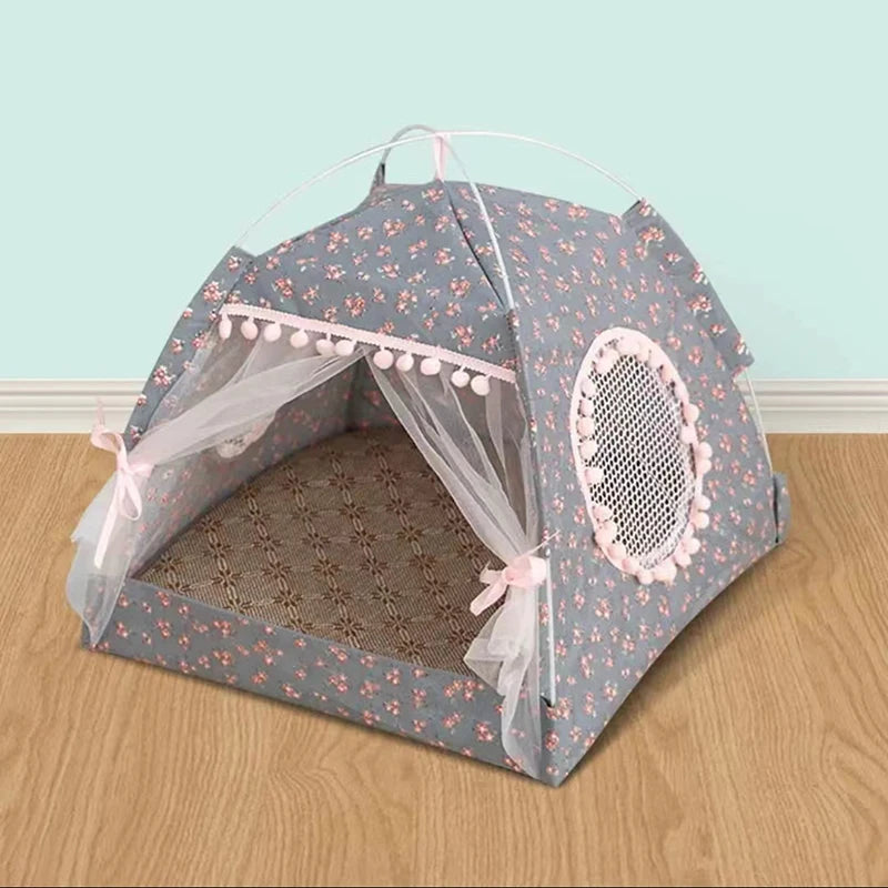 Floral Semi-Enclosed Pet Tent Bed for Cats and Small Dogs, Cozy All-Season Sleeping Nest.