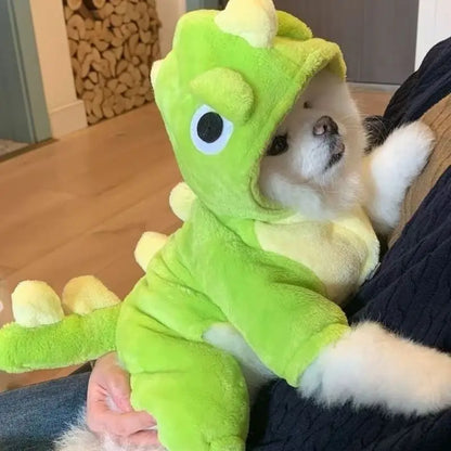 Dinosaur Pet Jumpsuit – Warm Flannel Autumn & Winter Outfit for Dogs & Cats, Cute Teddy Pet Romper Clothing.
