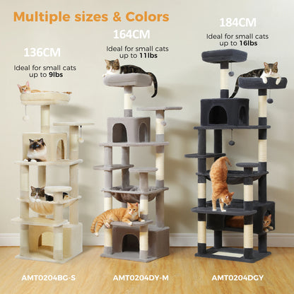 Large Indoor Cat Tree & Tower – Sisal Scratching Posts with Hammock, Padded Perches, Condos & Toys for Cats & Kittens.