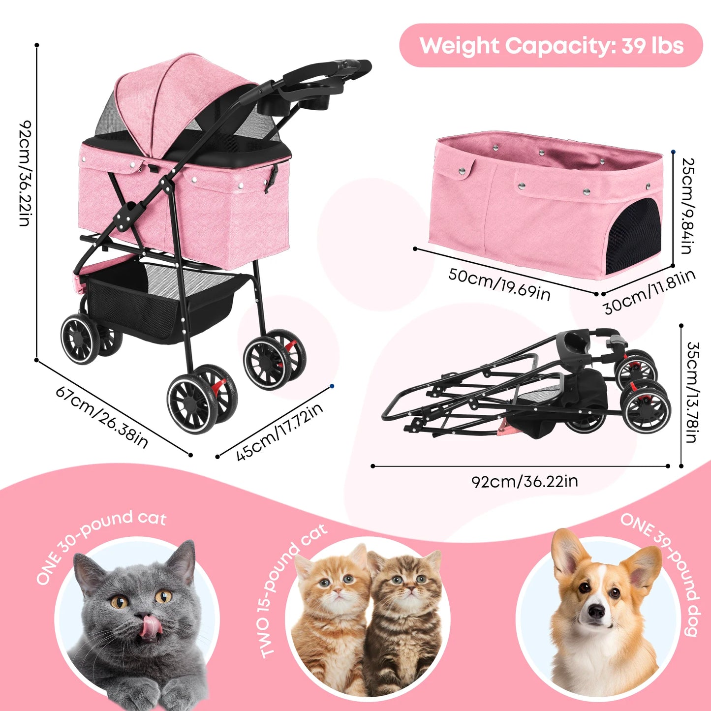 Portable Pet Stroller – Foldable Travel Carrier for Small Dogs & Cats, Comfortable Puppy & Pet Strolling Cart