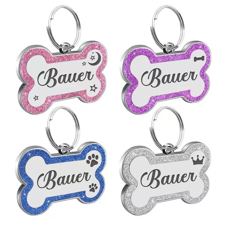 Custom Double-Sided Pet ID Tag – Glitter Name Pendant for Dogs, Anti-Lost Bone-Shaped Collar Accessory.