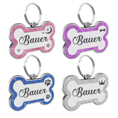 Custom Double-Sided Pet ID Tag – Glitter Name Pendant for Dogs, Anti-Lost Bone-Shaped Collar Accessory.