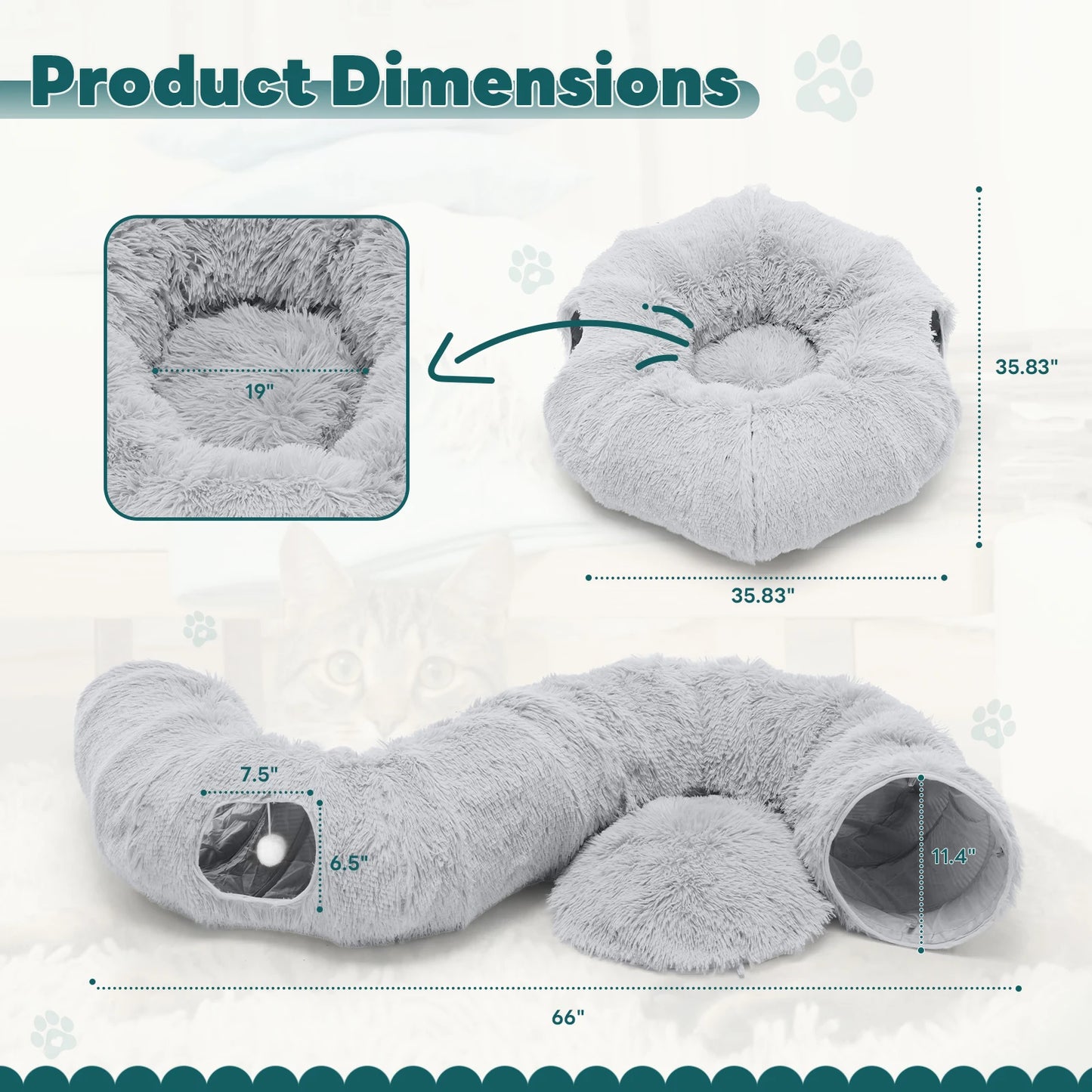 JHK Cat Tunnel Bed – Soft Plush Washable Indoor Playground & Tunnel Bed for Cats with Interactive Toy Design.
