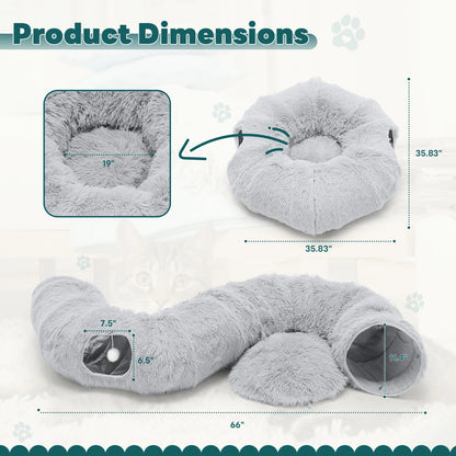 JHK Cat Tunnel Bed – Soft Plush Washable Indoor Playground & Tunnel Bed for Cats with Interactive Toy Design.