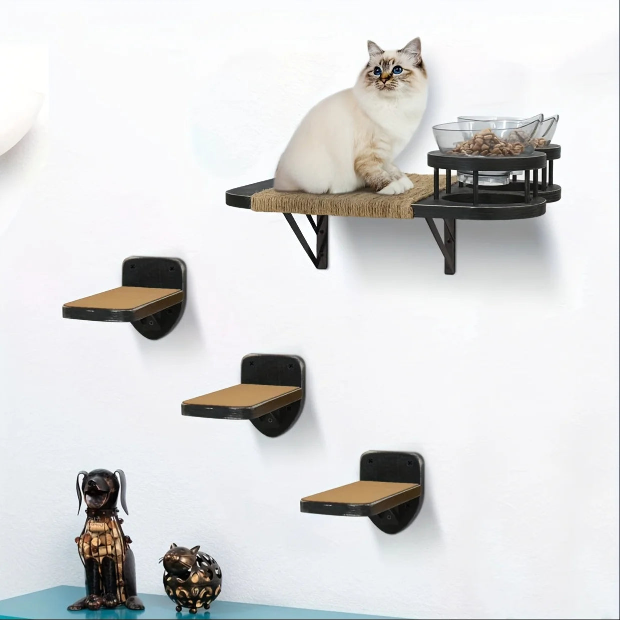 Cat Wall Shelves Set – 3-Step Climbing Shelves with Cat Hammock, Perches, Plush Cove & Dual Food Shelves for Indoor Cats.