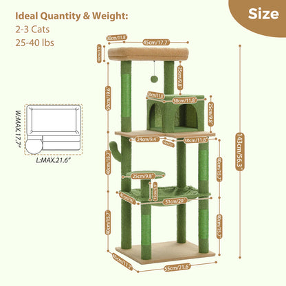 Cactus Cat Tree Tower – Large Indoor Cat Furniture with Metal Plush Hammock, 2-Door Condo House & Spacious Top Perch for Cats.