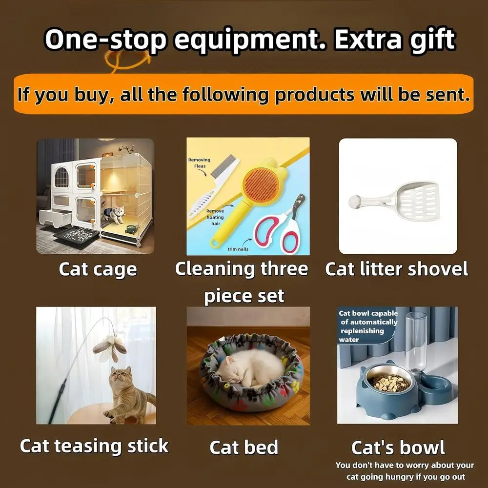 Large Indoor Cat Cage – Multi-Level Cat Enclosure with Litter Box, Bed, Bowl & Cleaning Set, Rolling Cat House with Wheels for Indoor Cats
