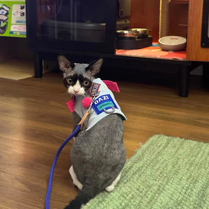 Outdoor Cowboy Sphynx Cat Harness & Leash – Luxury Sleeveless Denim Adjustable Harness for Travel, Walking & Hiking with Devon Rex Kittens.