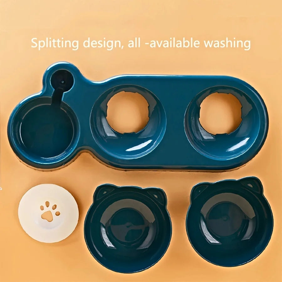 3-in-1 Tilted Pet Bowl Set – Cat Food & Water Feeder with Gravity Water Bottle, Ear-Shaped Design for Comfortable Neck Protection.