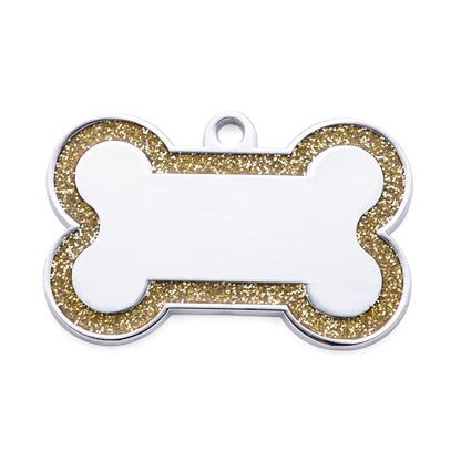 Custom Double-Sided Pet ID Tag – Glitter Name Pendant for Dogs, Anti-Lost Bone-Shaped Collar Accessory.